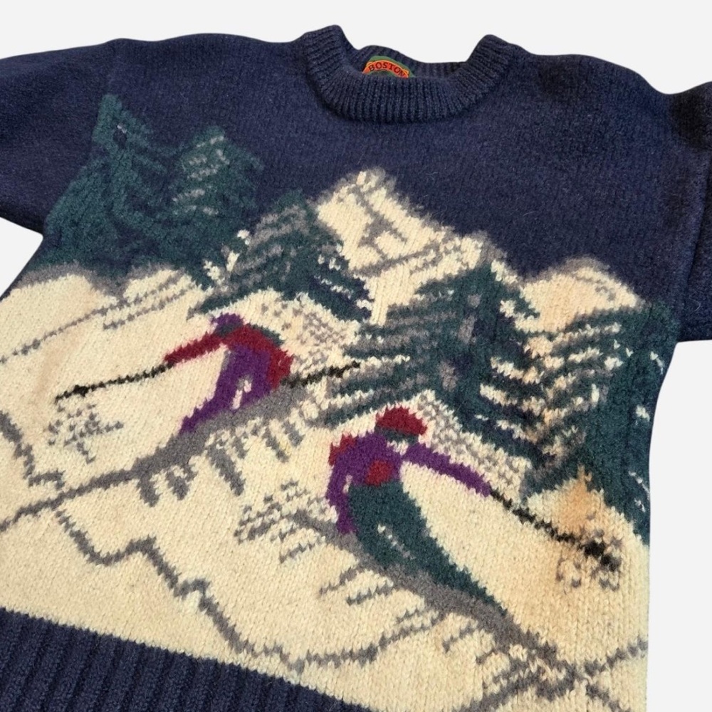 VTG Boston Traders 100% Wool Ski Sweater S Alpine Apres Ski Chalet Ribbed Knit